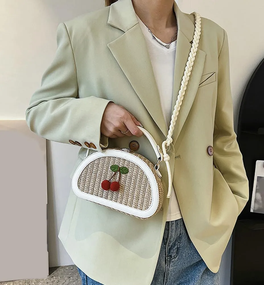 Women Straw Beach Bag Woven Hobo Handbag Ladies Top-handle Straw Purse Summer Vacation Bag Cherry Crossbody Purse for Travel