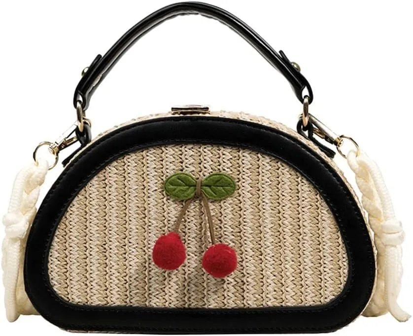Women Straw Beach Bag Woven Hobo Handbag Ladies Top-handle Straw Purse Summer Vacation Bag Cherry Crossbody Purse for Travel