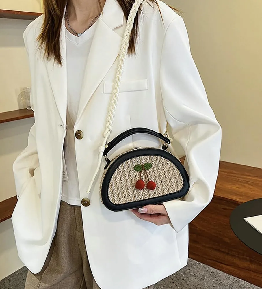 Women Straw Beach Bag Woven Hobo Handbag Ladies Top-handle Straw Purse Summer Vacation Bag Cherry Crossbody Purse for Travel