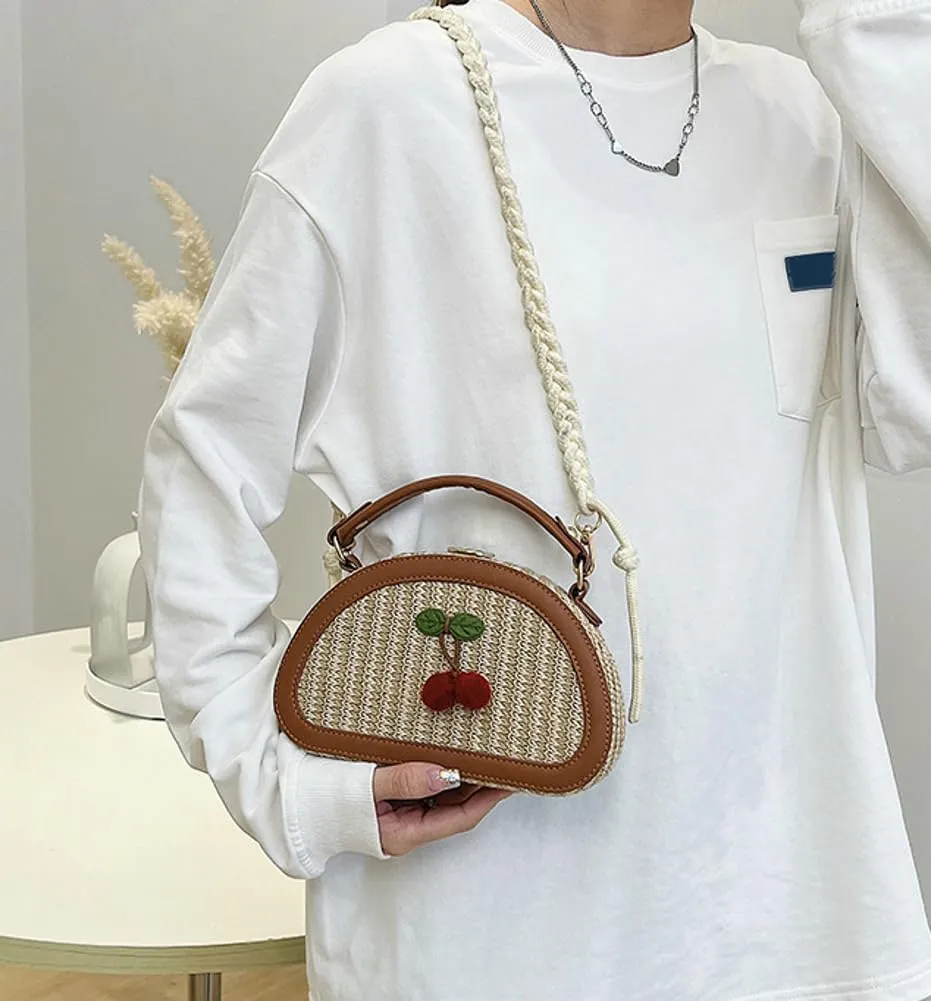 Women Straw Beach Bag Woven Hobo Handbag Ladies Top-handle Straw Purse Summer Vacation Bag Cherry Crossbody Purse for Travel
