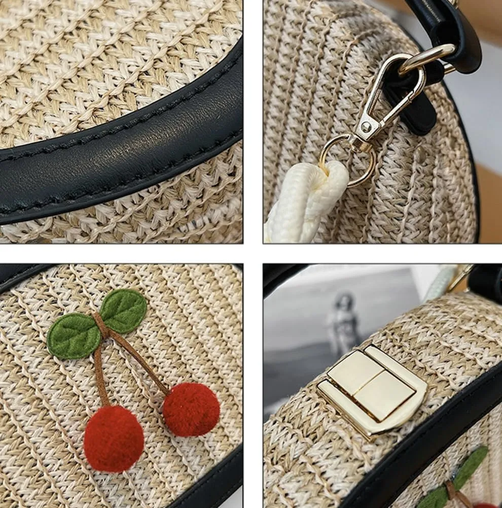 Women Straw Beach Bag Woven Hobo Handbag Ladies Top-handle Straw Purse Summer Vacation Bag Cherry Crossbody Purse for Travel