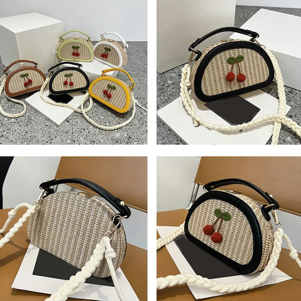 Women Straw Beach Bag Woven Hobo Handbag Ladies Top-handle Straw Purse Summer Vacation Bag Cherry Crossbody Purse for Travel