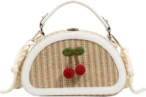Women Straw Beach Bag Woven Hobo Handbag Ladies Top-handle Straw Purse Summer Vacation Bag Cherry Crossbody Purse for Travel