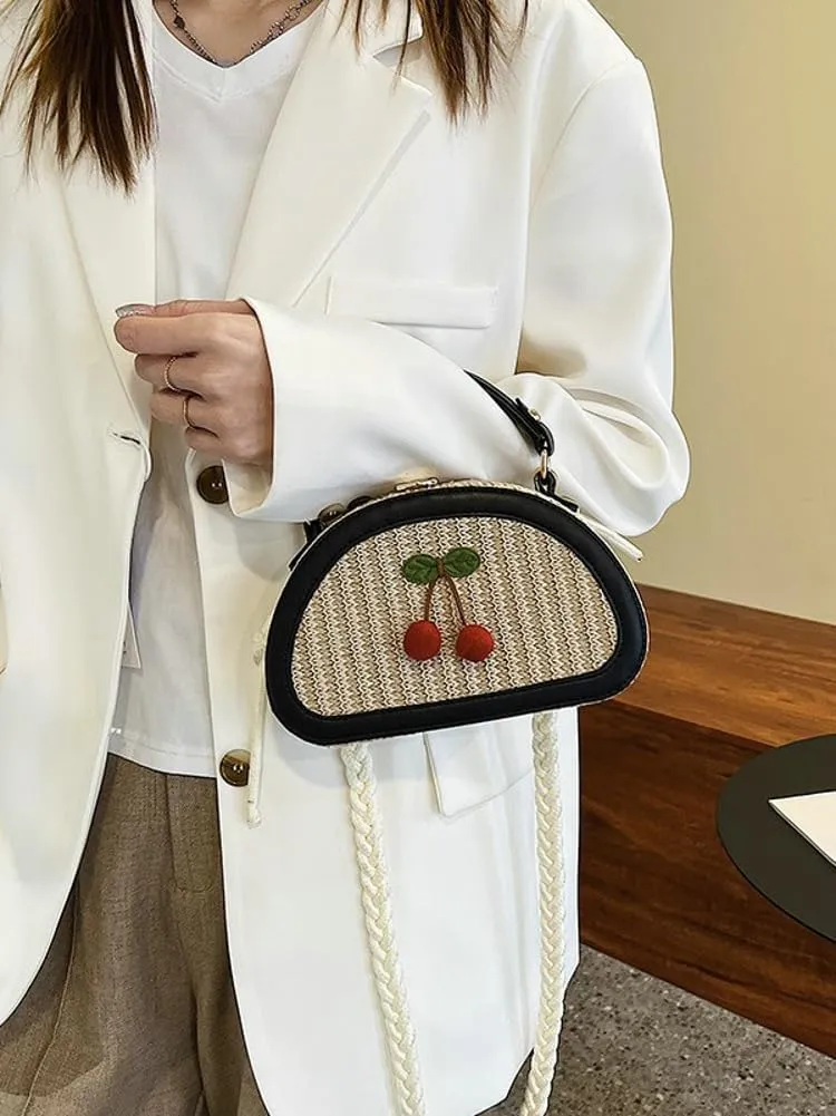 Women Straw Beach Bag Woven Hobo Handbag Ladies Top-handle Straw Purse Summer Vacation Bag Cherry Crossbody Purse for Travel