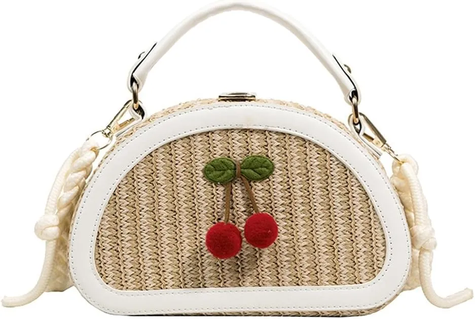 Women Straw Beach Bag Woven Hobo Handbag Ladies Top-handle Straw Purse Summer Vacation Bag Cherry Crossbody Purse for Travel