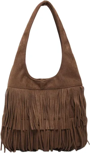 Women Suede Handbag Vintage Fringe Hobo Bag Shoulder Bag with Tassel Hippie Western Purse Large Tote Bag