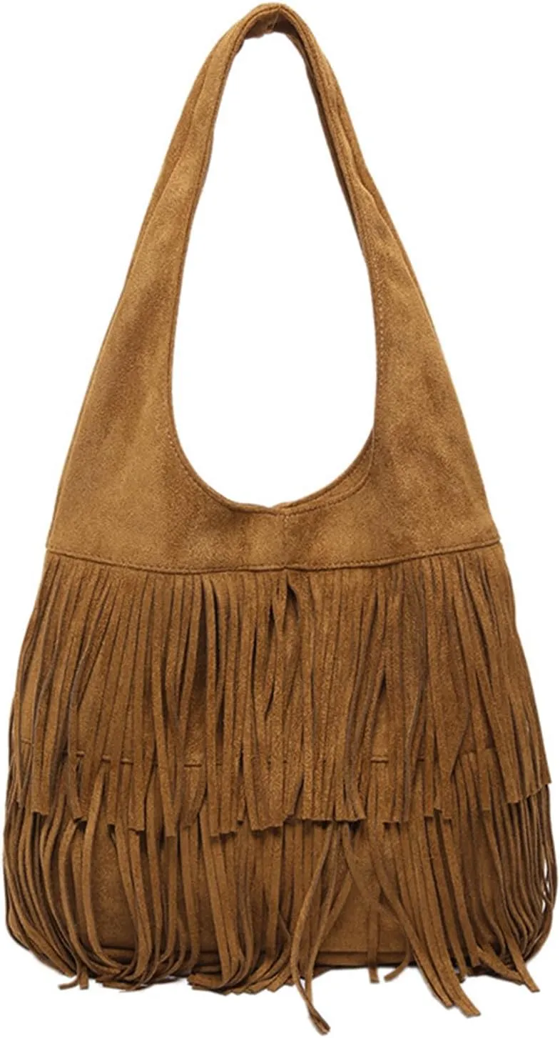 Women Suede Handbag Vintage Fringe Hobo Bag Shoulder Bag with Tassel Hippie Western Purse Large Tote Bag