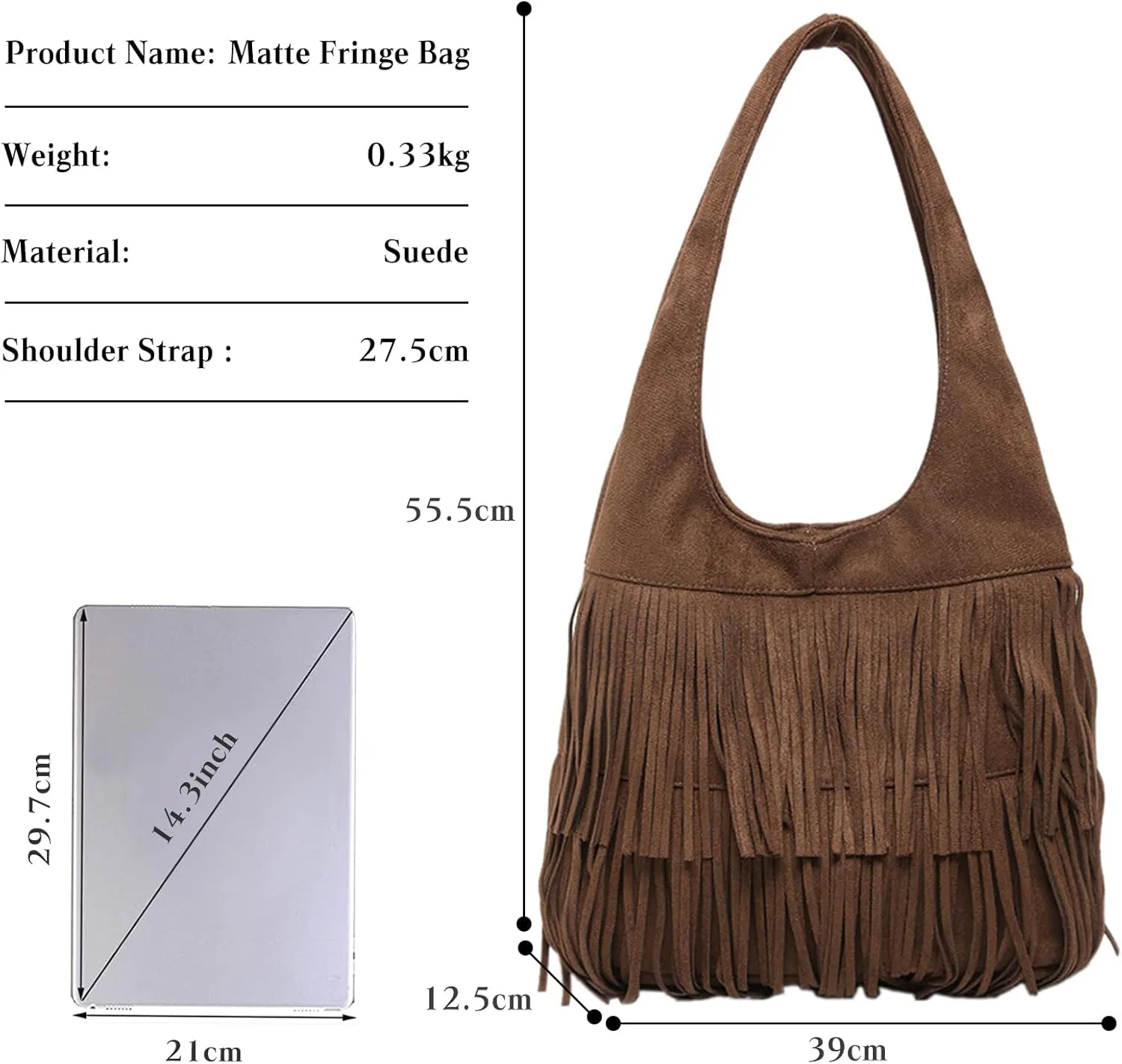 Women Suede Handbag Vintage Fringe Hobo Bag Shoulder Bag with Tassel Hippie Western Purse Large Tote Bag