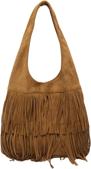 Women Suede Handbag Vintage Fringe Hobo Bag Shoulder Bag with Tassel Hippie Western Purse Large Tote Bag