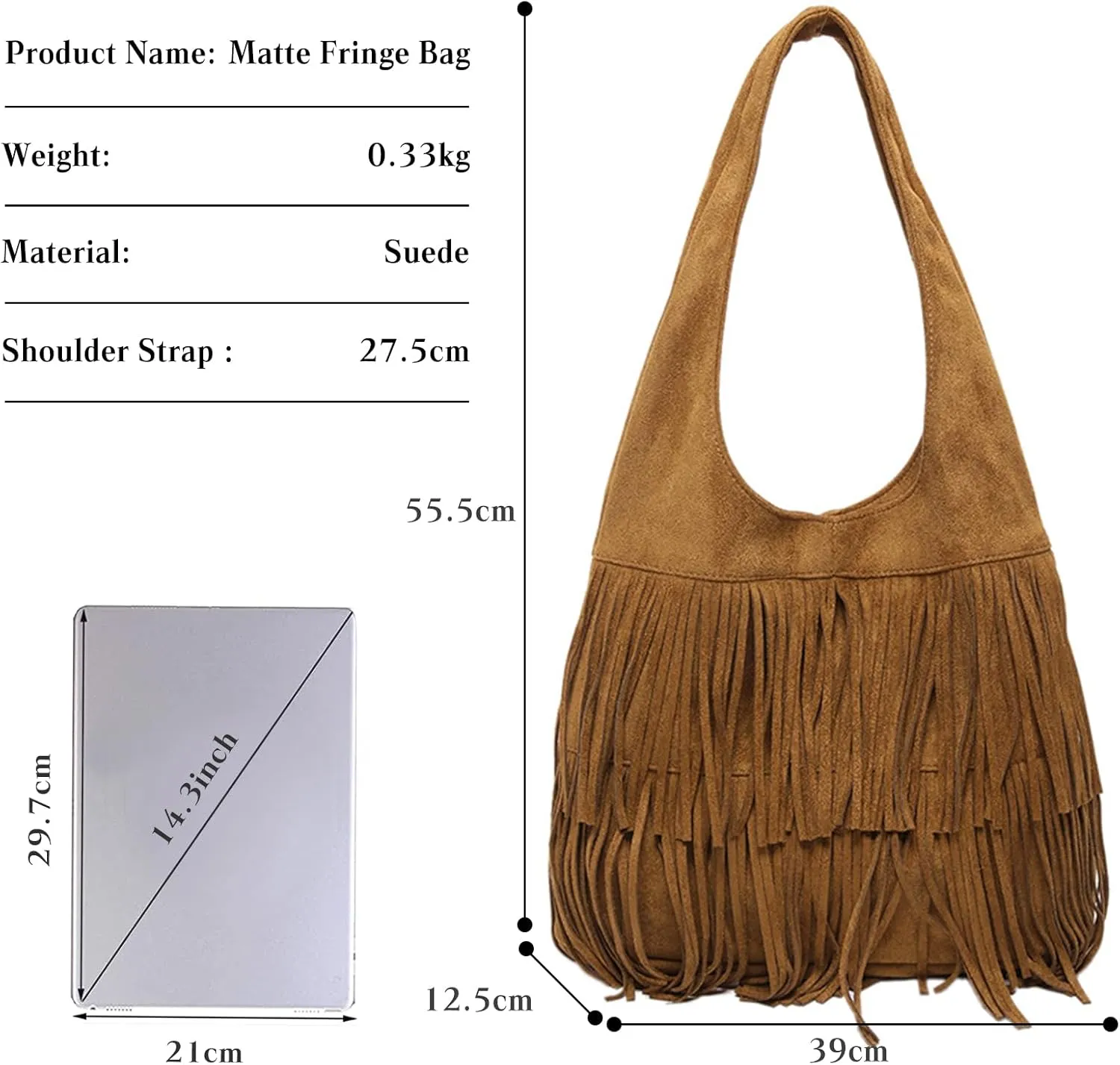Women Suede Handbag Vintage Fringe Hobo Bag Shoulder Bag with Tassel Hippie Western Purse Large Tote Bag