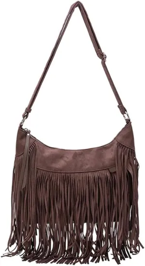 Women Tassels Handbag and Purse Retro Shoulder Purse Frosted Suede Leather Crossbody Bag Shopper Work Satchel