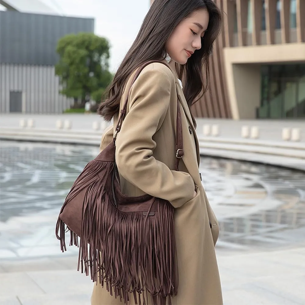 Women Tassels Handbag and Purse Retro Shoulder Purse Frosted Suede Leather Crossbody Bag Shopper Work Satchel