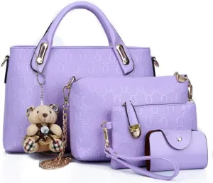 Women Tote Hobo Handbag Wallet Synthetic PU Leather Shouder Backpack 4pcs Set Clutch Purse Satchels with Bear Pendant