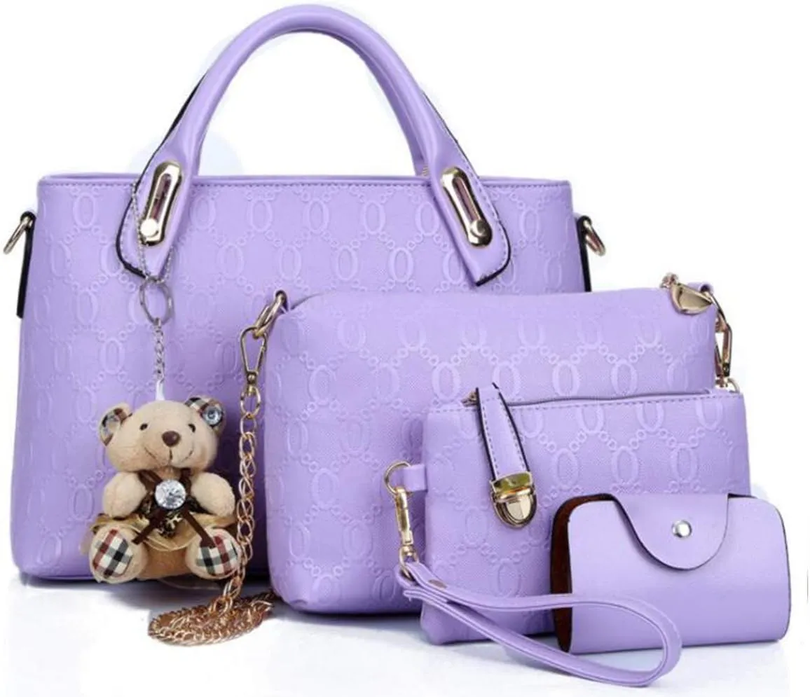 Women Tote Hobo Handbag Wallet Synthetic PU Leather Shouder Backpack 4pcs Set Clutch Purse Satchels with Bear Pendant