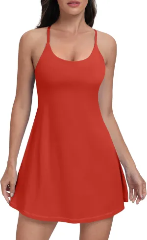 Women Workout Tennis Dress with Built-in Bra Shorts, Adjustable Cross Shoulder Straps with Pockets