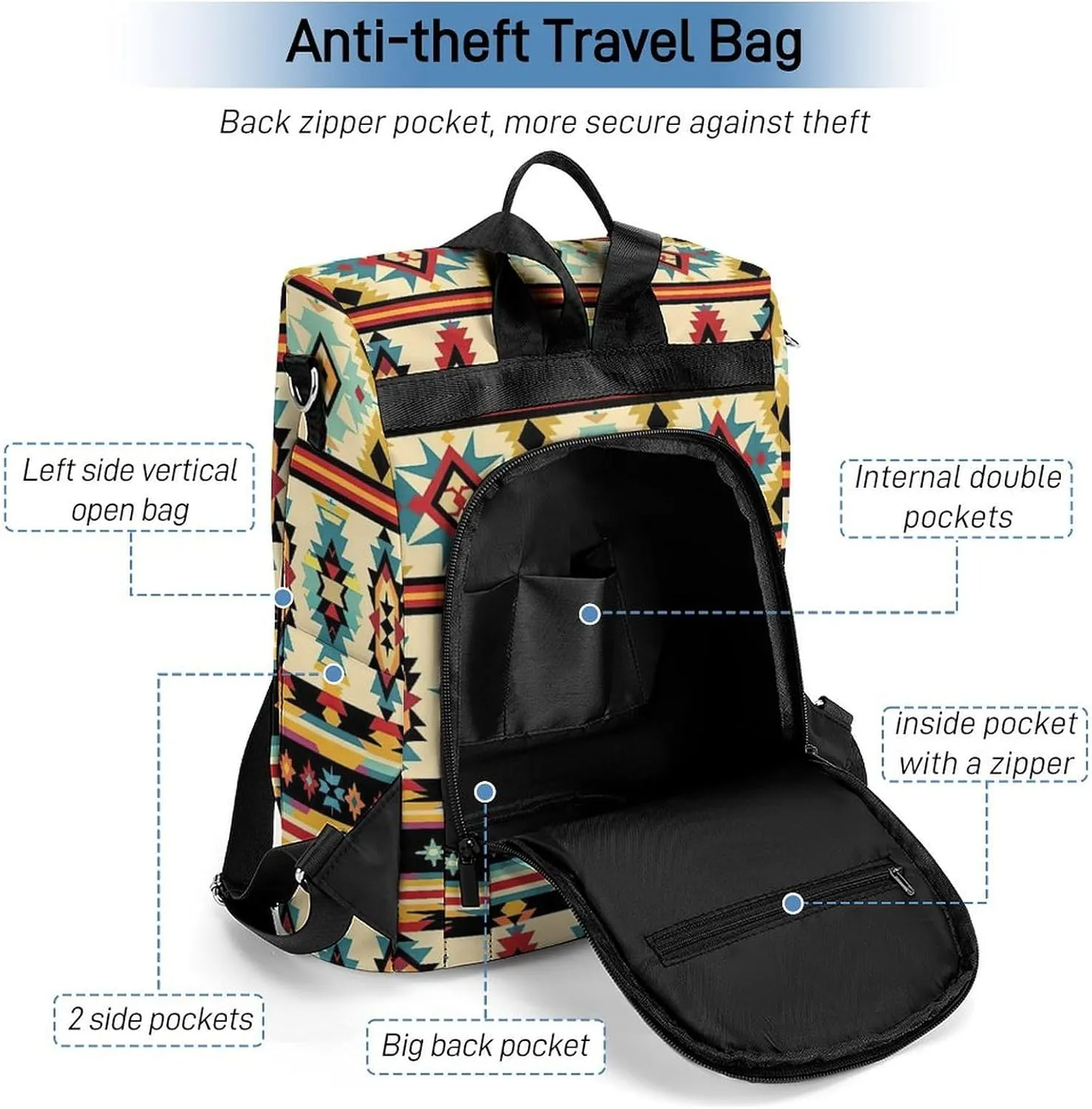 Women's Anti-Theft Waterproof Back Pack Abstract Aztec Tribal Fashion Shoulder Bag Purse Travel Ladies Daypack for Gift