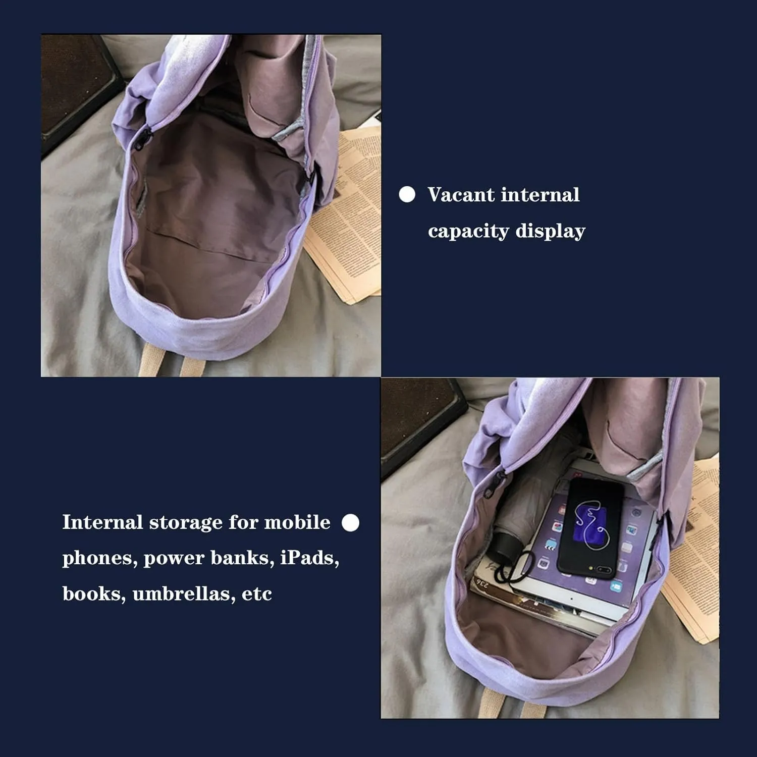 Women's canvas bag, men's and women's large capacity leisure backpack, men's and women's travel backpack (Purple,One Size)