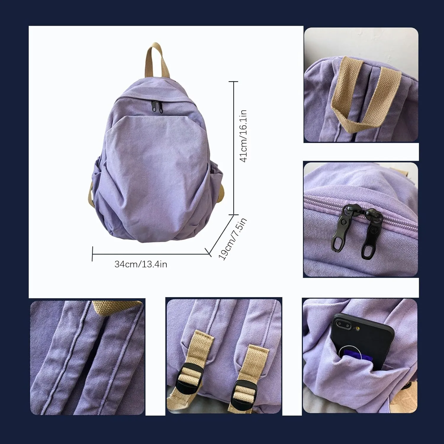 Women's canvas bag, men's and women's large capacity leisure backpack, men's and women's travel backpack (Purple,One Size)