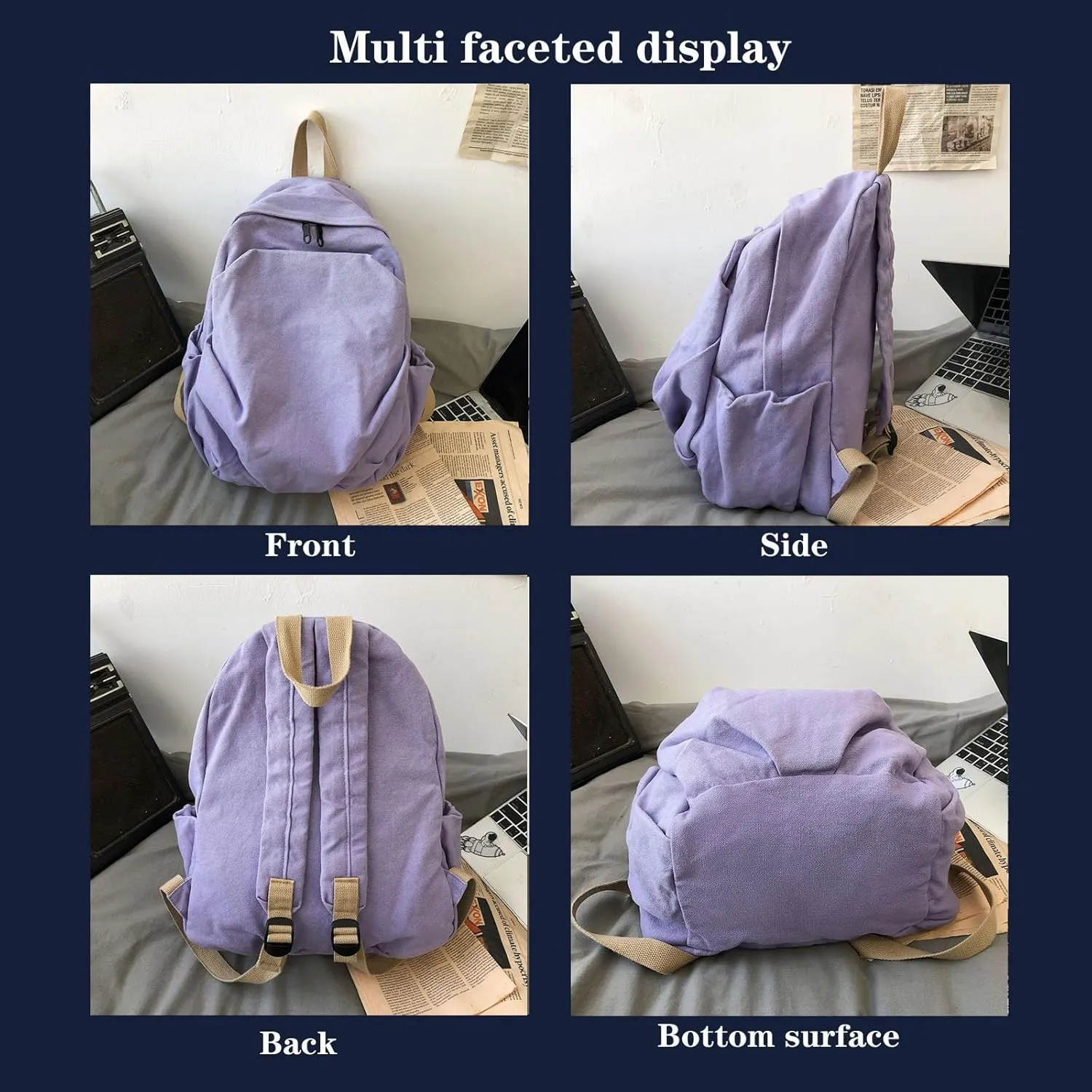 Women's canvas bag, men's and women's large capacity leisure backpack, men's and women's travel backpack (Purple,One Size)