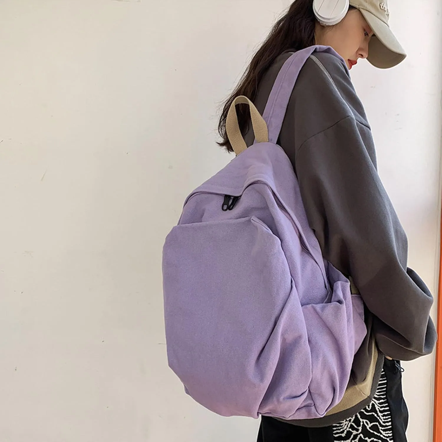 Women's canvas bag, men's and women's large capacity leisure backpack, men's and women's travel backpack (Purple,One Size)