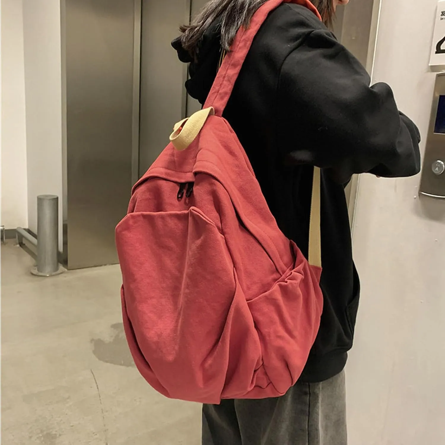Women's canvas bag, men's and women's large capacity leisure backpack, men's and women's travel backpack (Red,One Size)