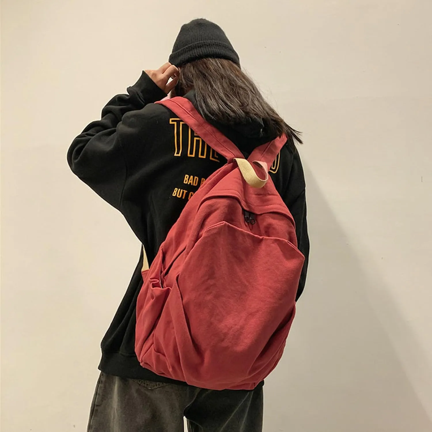 Women's canvas bag, men's and women's large capacity leisure backpack, men's and women's travel backpack (Red,One Size)