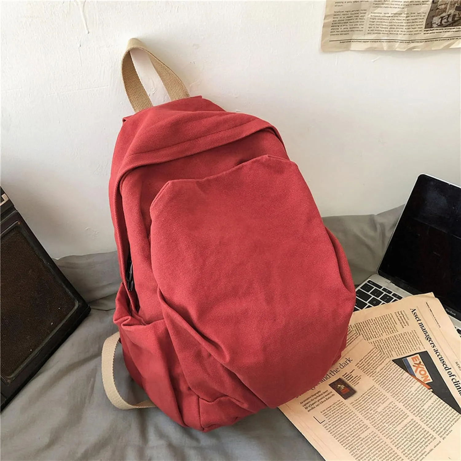 Women's canvas bag, men's and women's large capacity leisure backpack, men's and women's travel backpack (Red,One Size)
