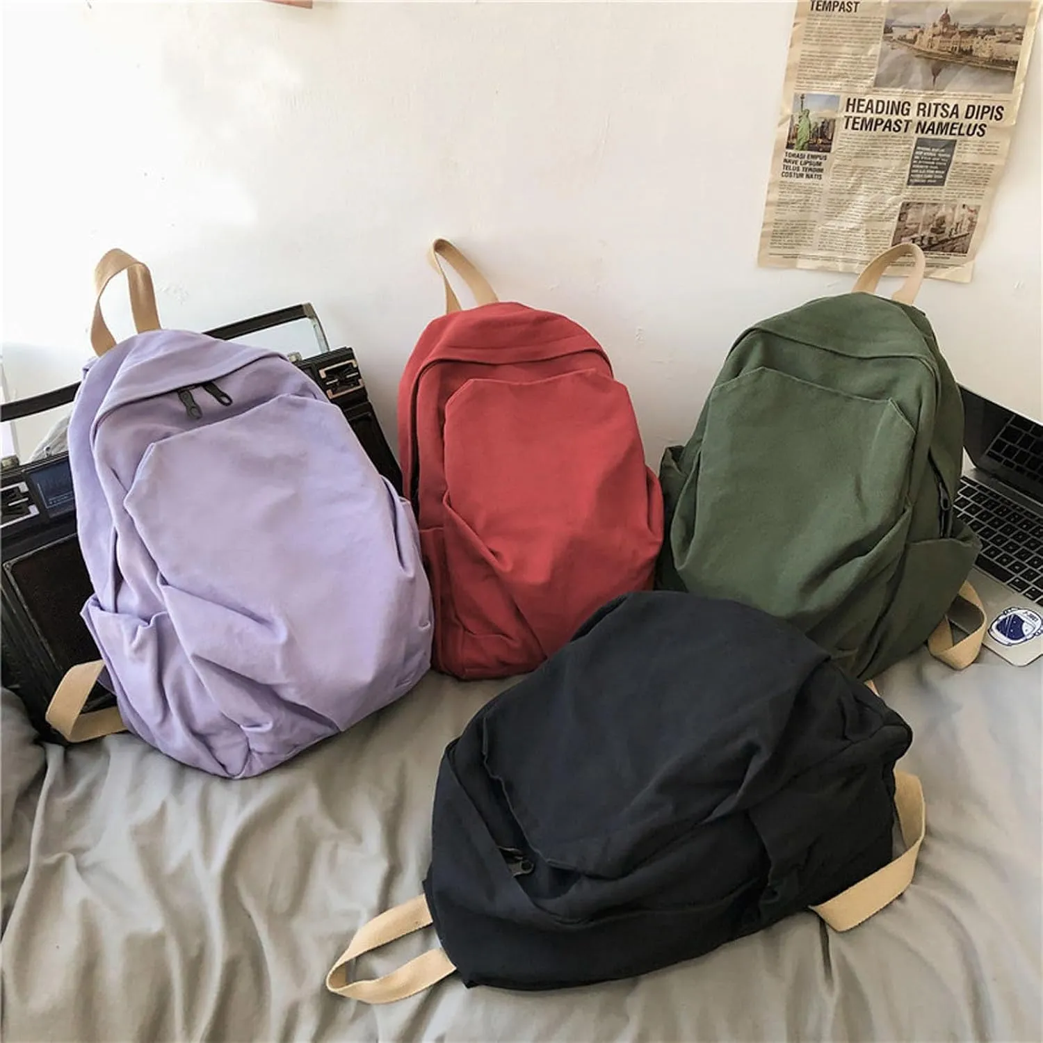 Women's canvas bag, men's and women's large capacity leisure backpack, men's and women's travel backpack (Red,One Size)