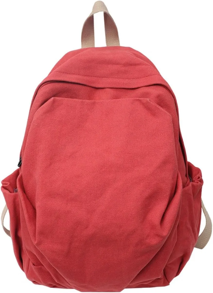 Women's canvas bag, men's and women's large capacity leisure backpack, men's and women's travel backpack (Red,One Size)