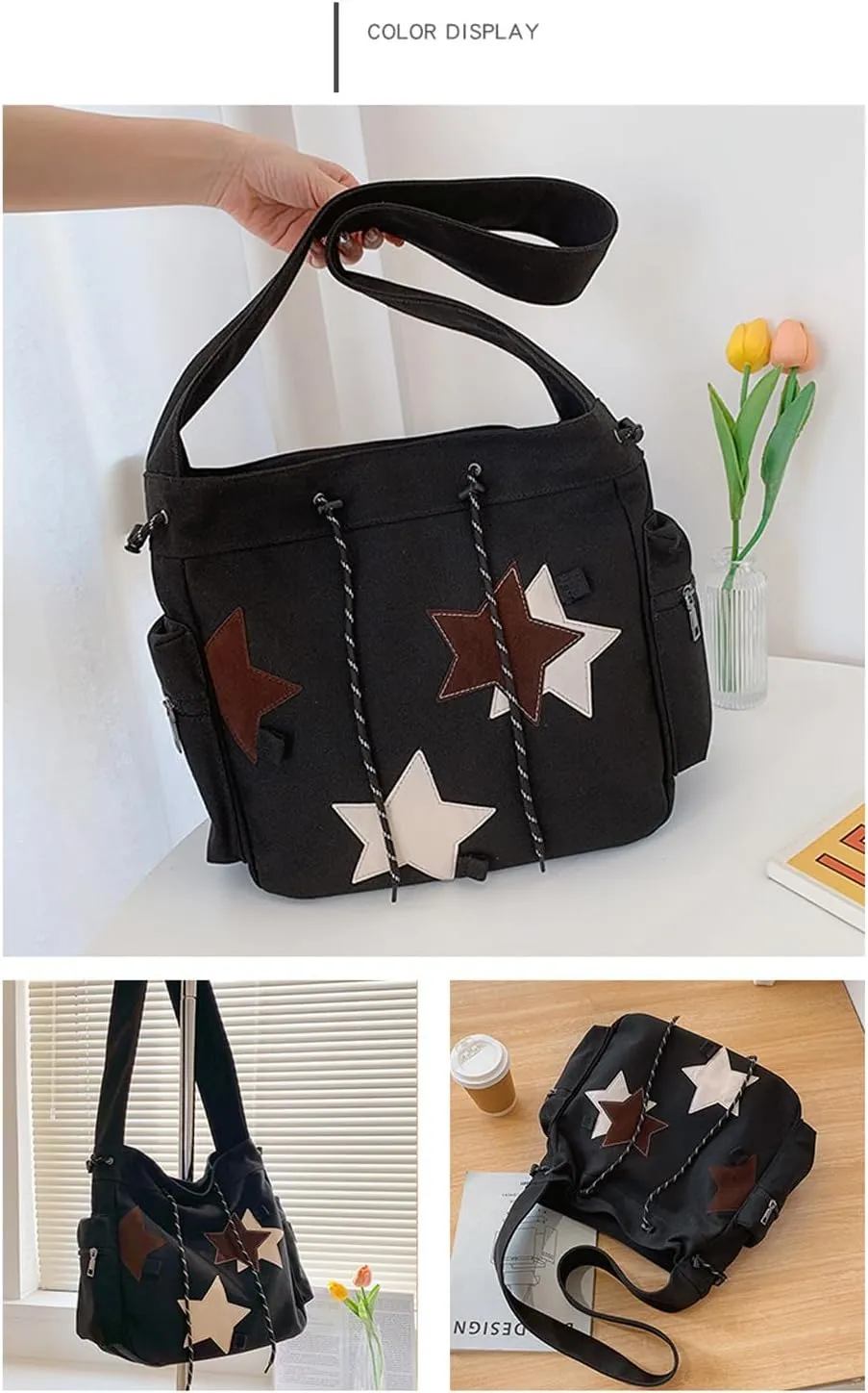 Women's Canvas Hippie Crossbody Handbag - Top Zipper, Sling Strap, Casual Handmade Bag