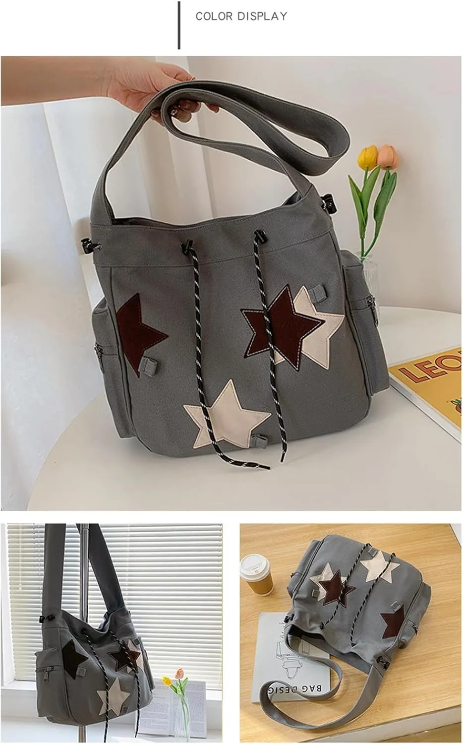 Women's Canvas Hippie Crossbody Handbag - Top Zipper, Sling Strap, Casual Handmade Bag