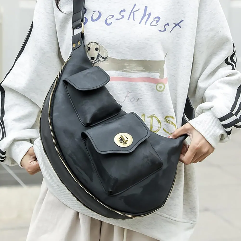 Women’s Crescent Shaped Crossbody Bag, PU Leather Casual Fashion Dumpling Hobo Shoulder Purse, Novelty Punk Sling Chest Bag