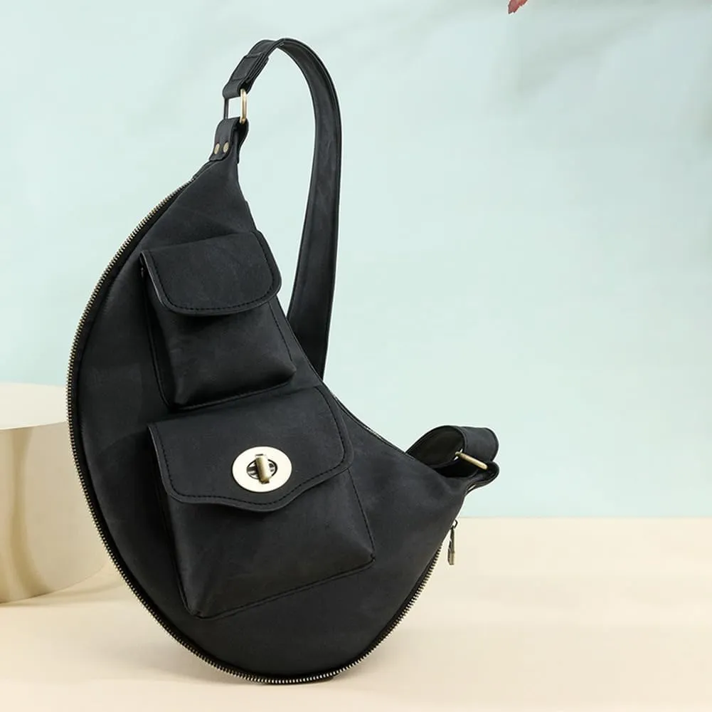 Women’s Crescent Shaped Crossbody Bag, PU Leather Casual Fashion Dumpling Hobo Shoulder Purse, Novelty Punk Sling Chest Bag