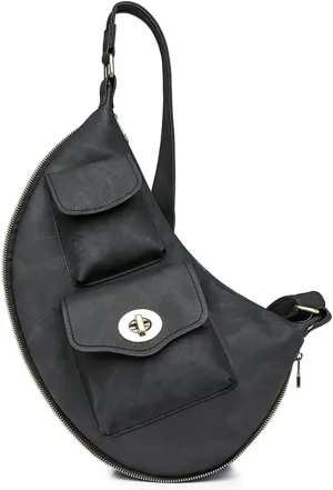 Women’s Crescent Shaped Crossbody Bag, PU Leather Casual Fashion Dumpling Hobo Shoulder Purse, Novelty Punk Sling Chest Bag