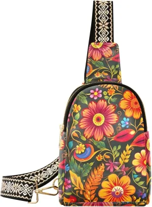 Womens Crossbody Bag Ethnic Flowers Print PU Leather Sling Bag with Adjustable Strap Zipper Closure Water Resistant