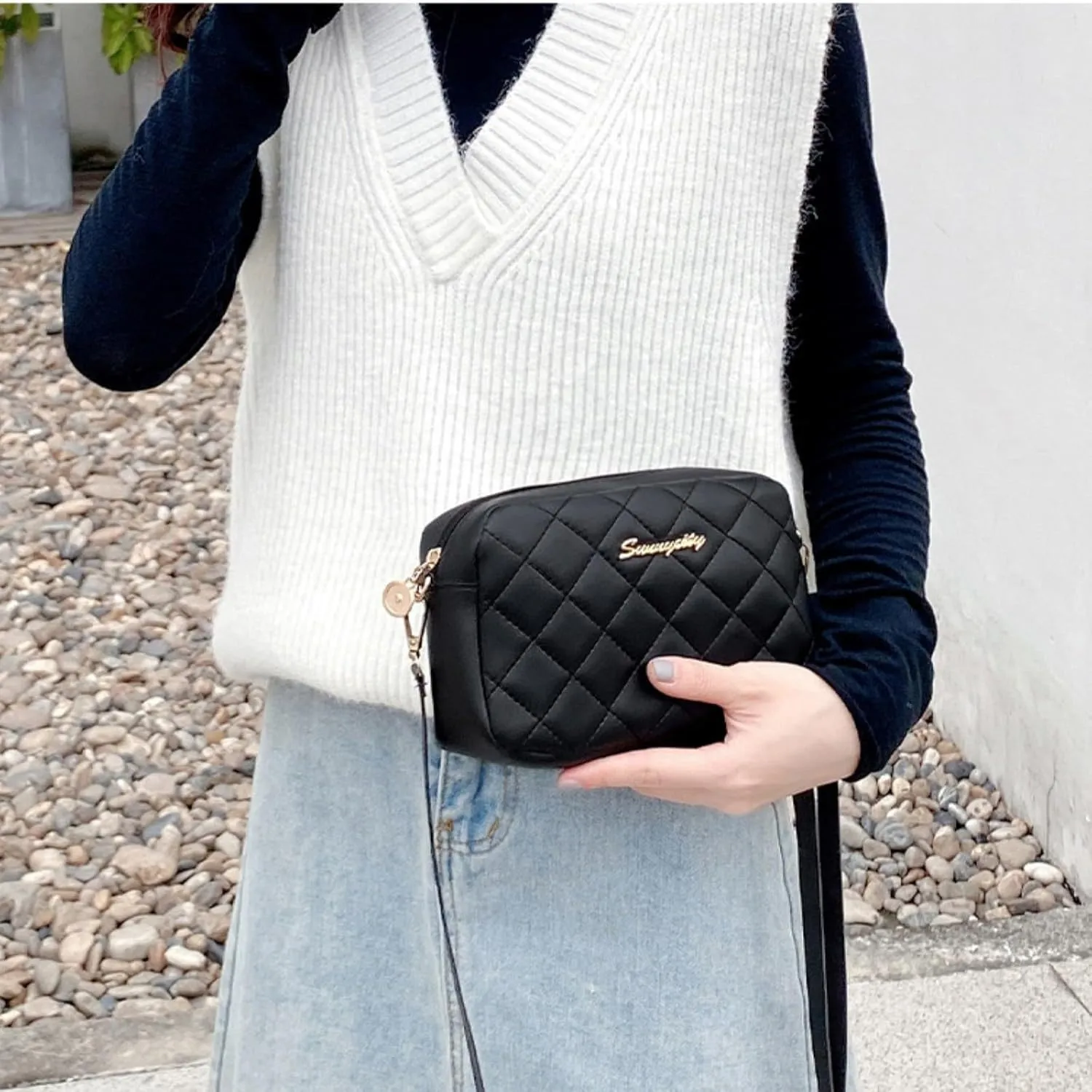 Womens Crossbody Purse Quilted Compact Phone Bag & Wallet Lightweight Shoulder for Work Travel or Casual Outings(White)