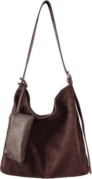 Women's Faux Suede & PU Leather Lightweight Shoulder Bag with Purse Top Handle Slouchy Bucket Tote
