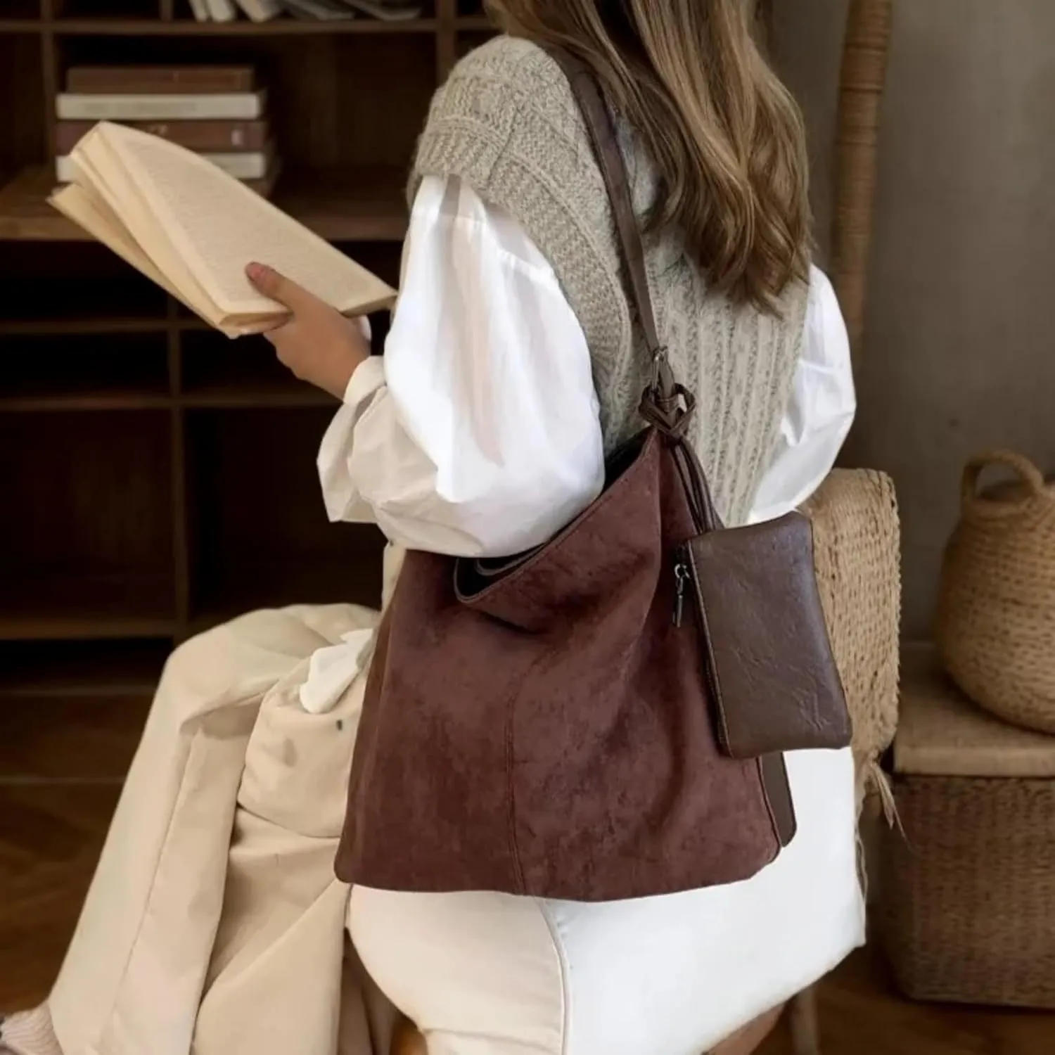 Women's Faux Suede & PU Leather Lightweight Shoulder Bag with Purse Top Handle Slouchy Bucket Tote