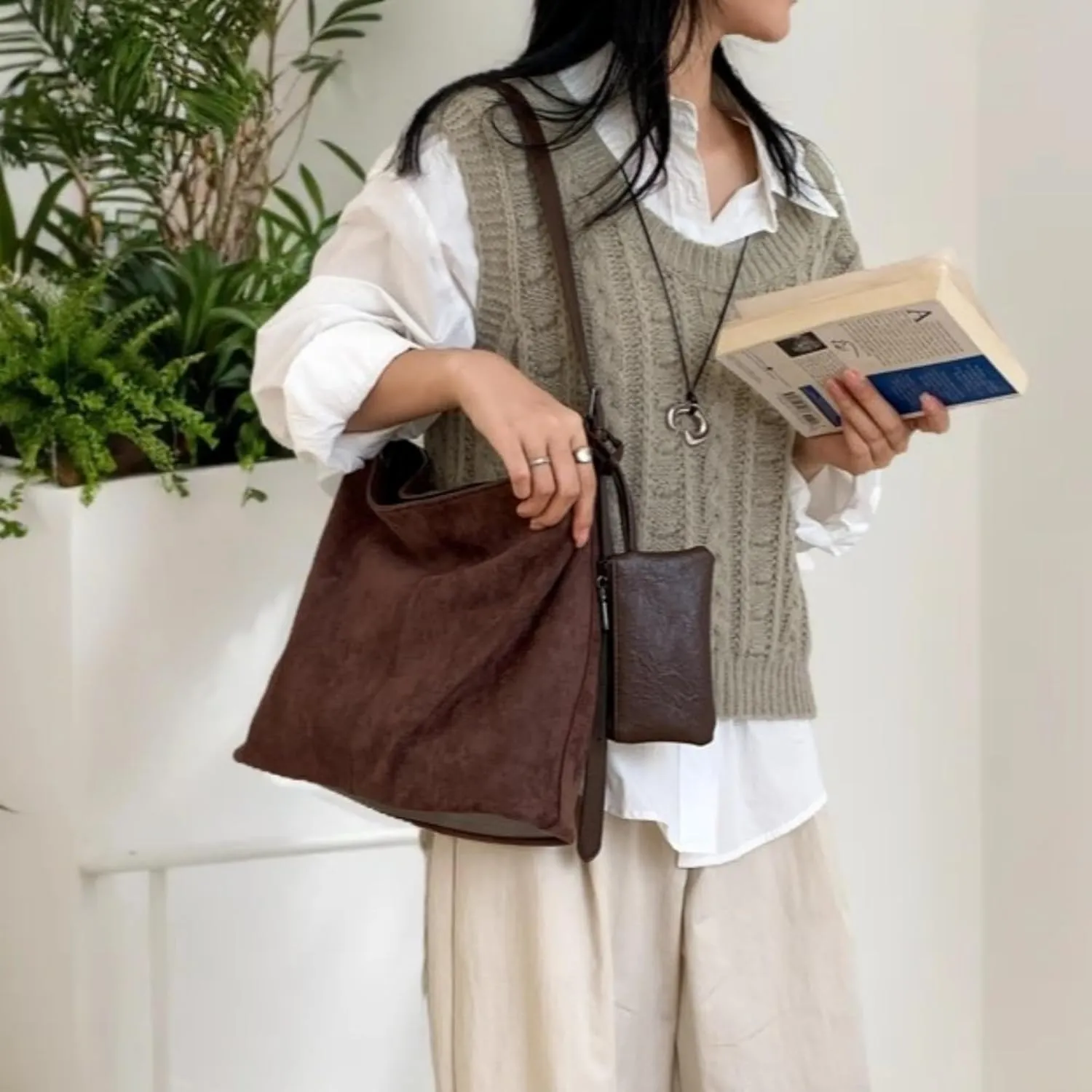 Women's Faux Suede & PU Leather Lightweight Shoulder Bag with Purse Top Handle Slouchy Bucket Tote