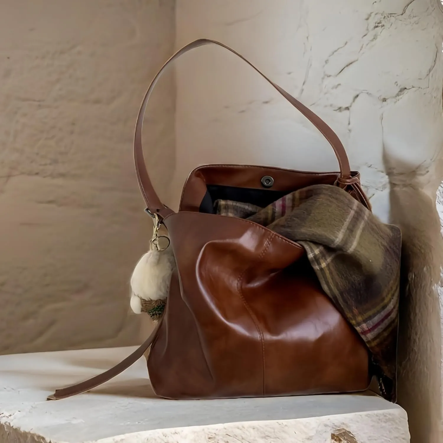 Women's Faux Suede & PU Leather Lightweight Shoulder Bag with Purse Top Handle Slouchy Bucket Tote