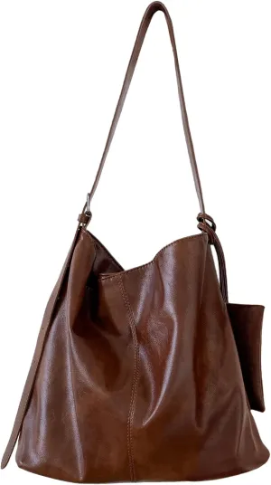 Women's Faux Suede & PU Leather Lightweight Shoulder Bag with Purse Top Handle Slouchy Bucket Tote