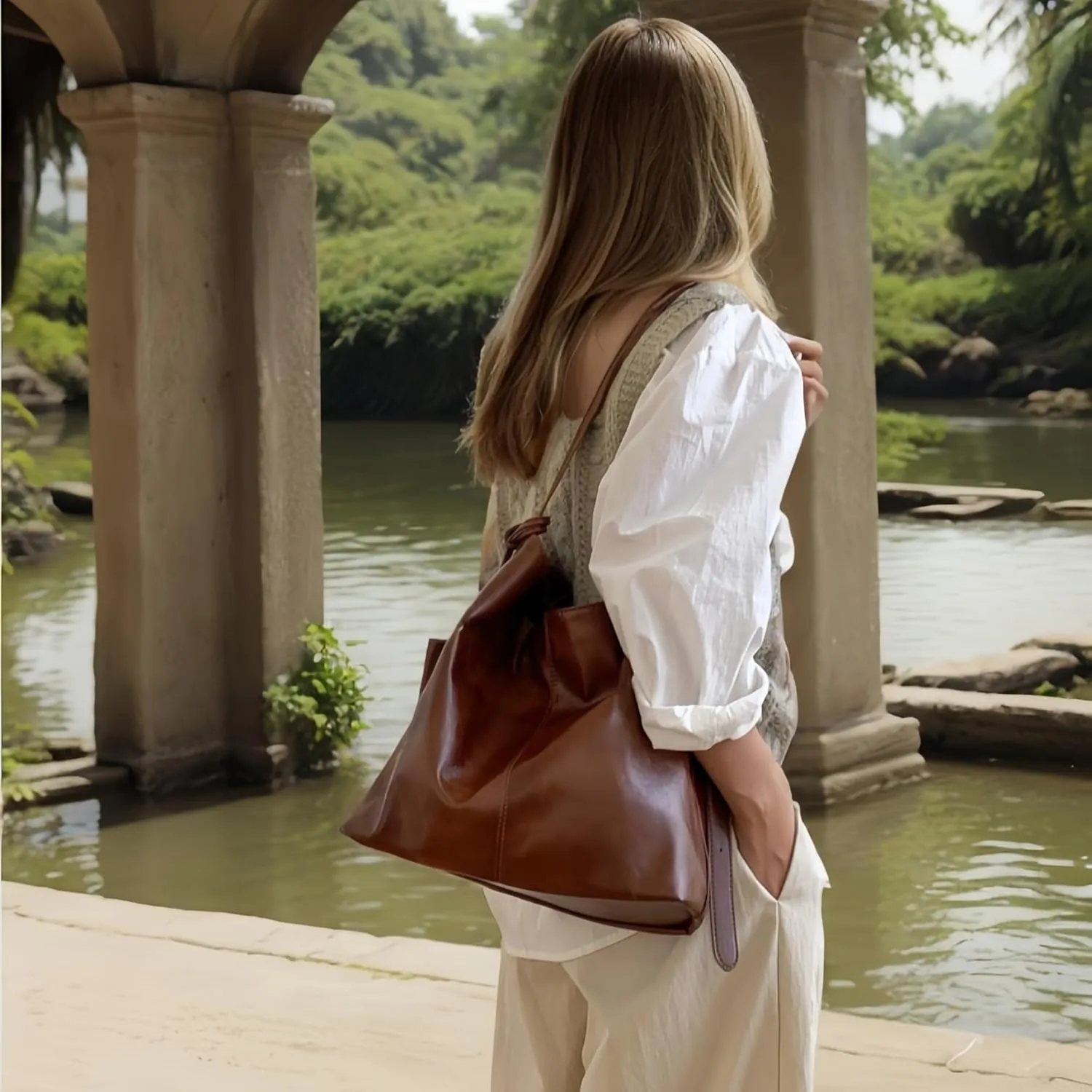 Women's Faux Suede & PU Leather Lightweight Shoulder Bag with Purse Top Handle Slouchy Bucket Tote