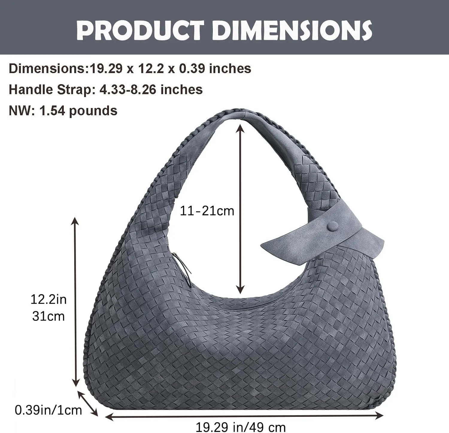 Women's Faux Suede Bag, Woven Bag, Shoulder Bag Slouchy Hobo, Suede Handbag with Zipper Closure