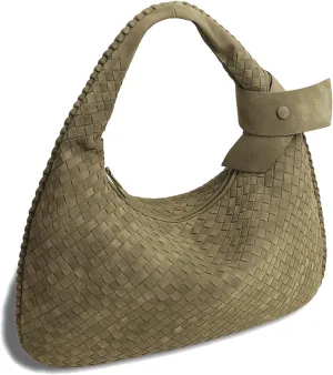 Women's Faux Suede Bag, Woven Bag, Shoulder Bag Slouchy Hobo, Suede Handbag with Zipper Closure
