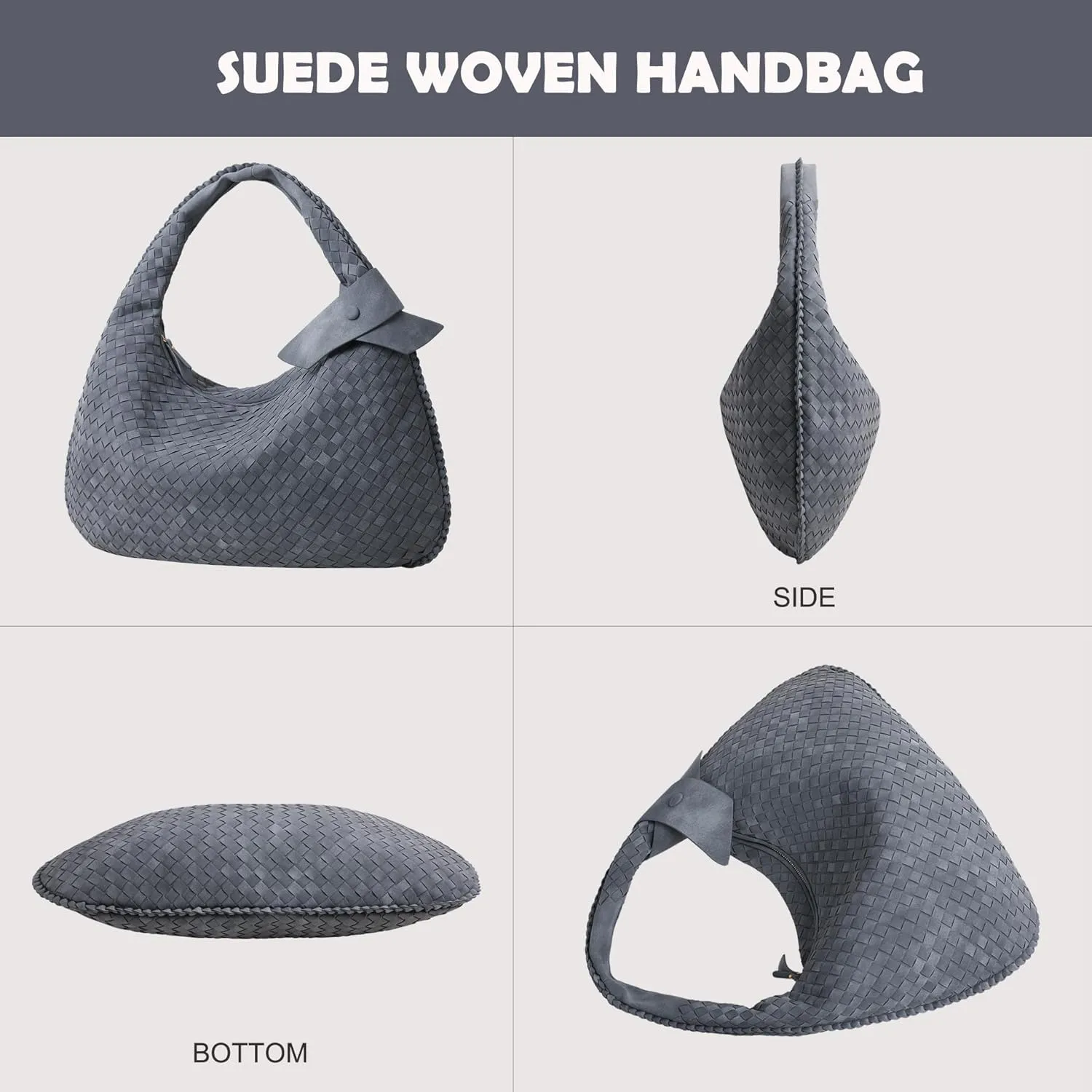 Women's Faux Suede Bag, Woven Bag, Shoulder Bag Slouchy Hobo, Suede Handbag with Zipper Closure