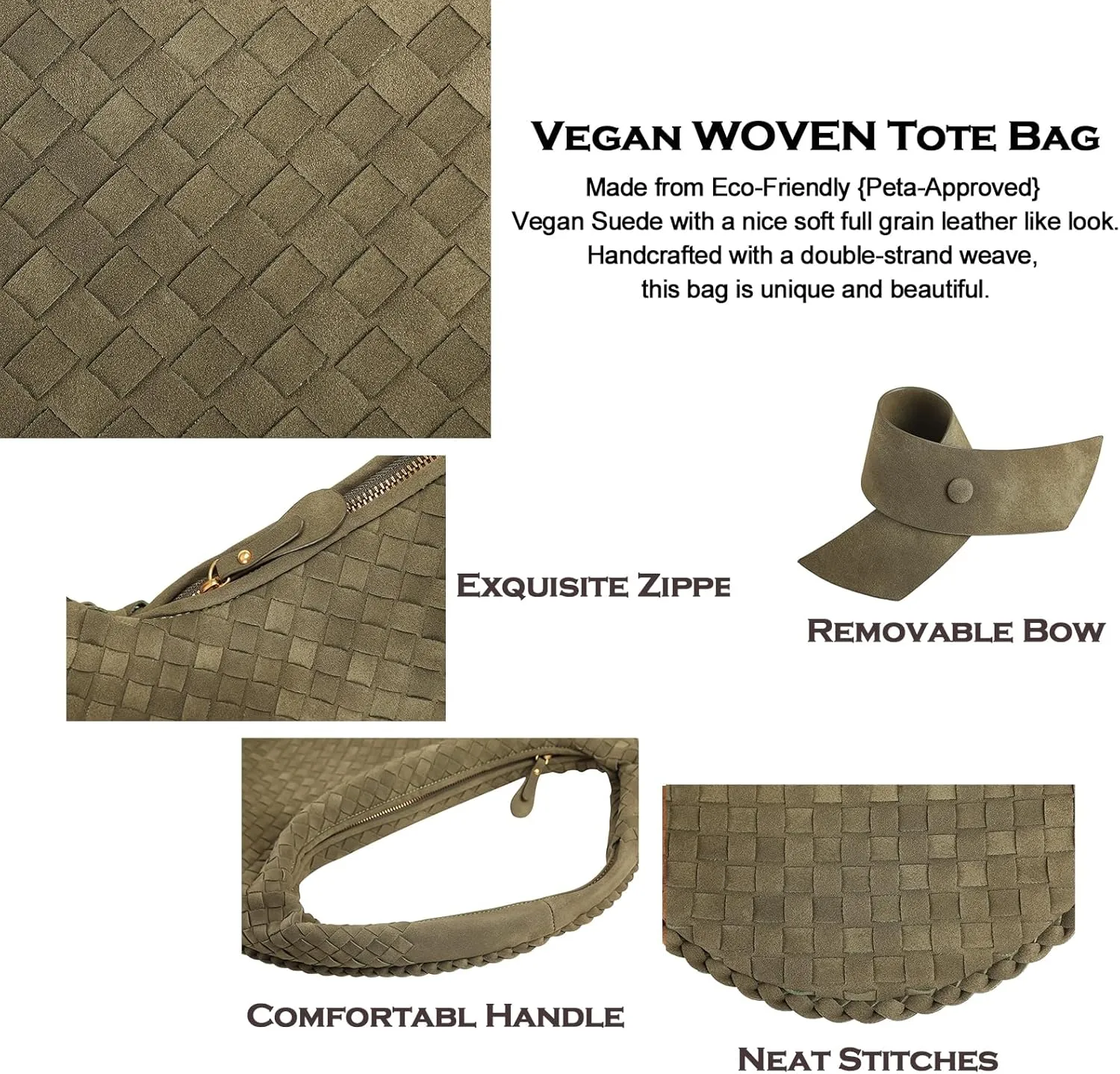 Women's Faux Suede Bag, Woven Bag, Shoulder Bag Slouchy Hobo, Suede Handbag with Zipper Closure
