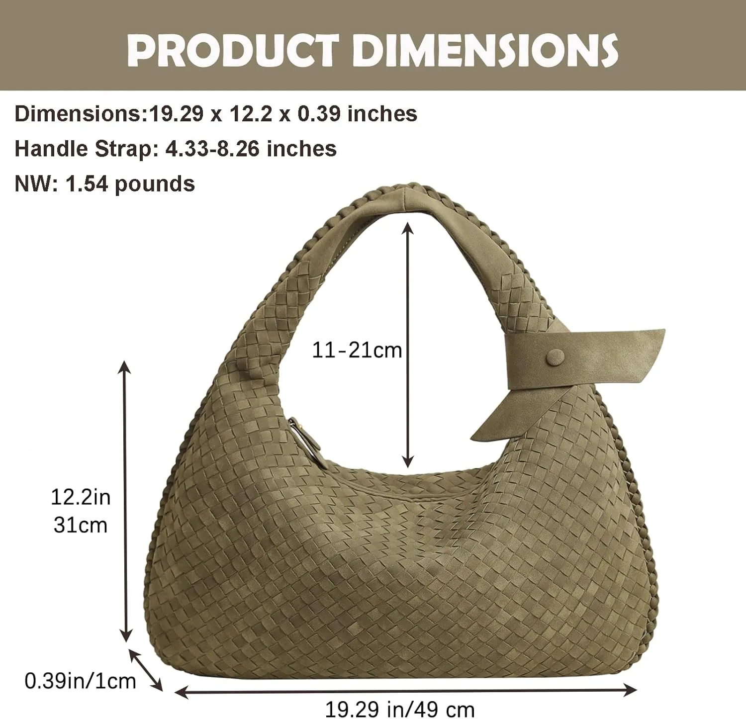 Women's Faux Suede Bag, Woven Bag, Shoulder Bag Slouchy Hobo, Suede Handbag with Zipper Closure