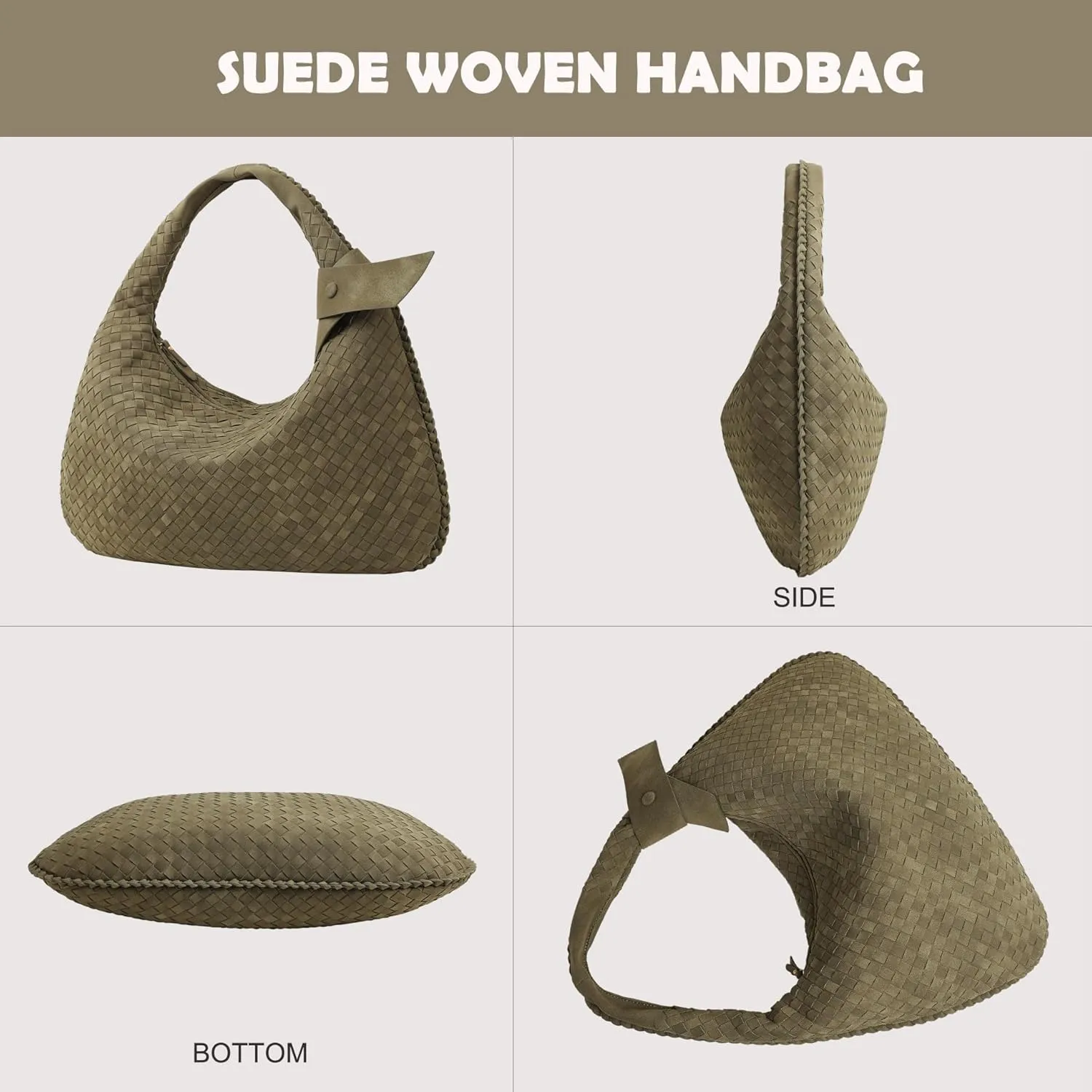 Women's Faux Suede Bag, Woven Bag, Shoulder Bag Slouchy Hobo, Suede Handbag with Zipper Closure