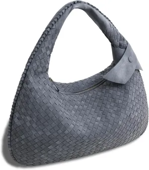 Women's Faux Suede Bag, Woven Bag, Shoulder Bag Slouchy Hobo, Suede Handbag with Zipper Closure