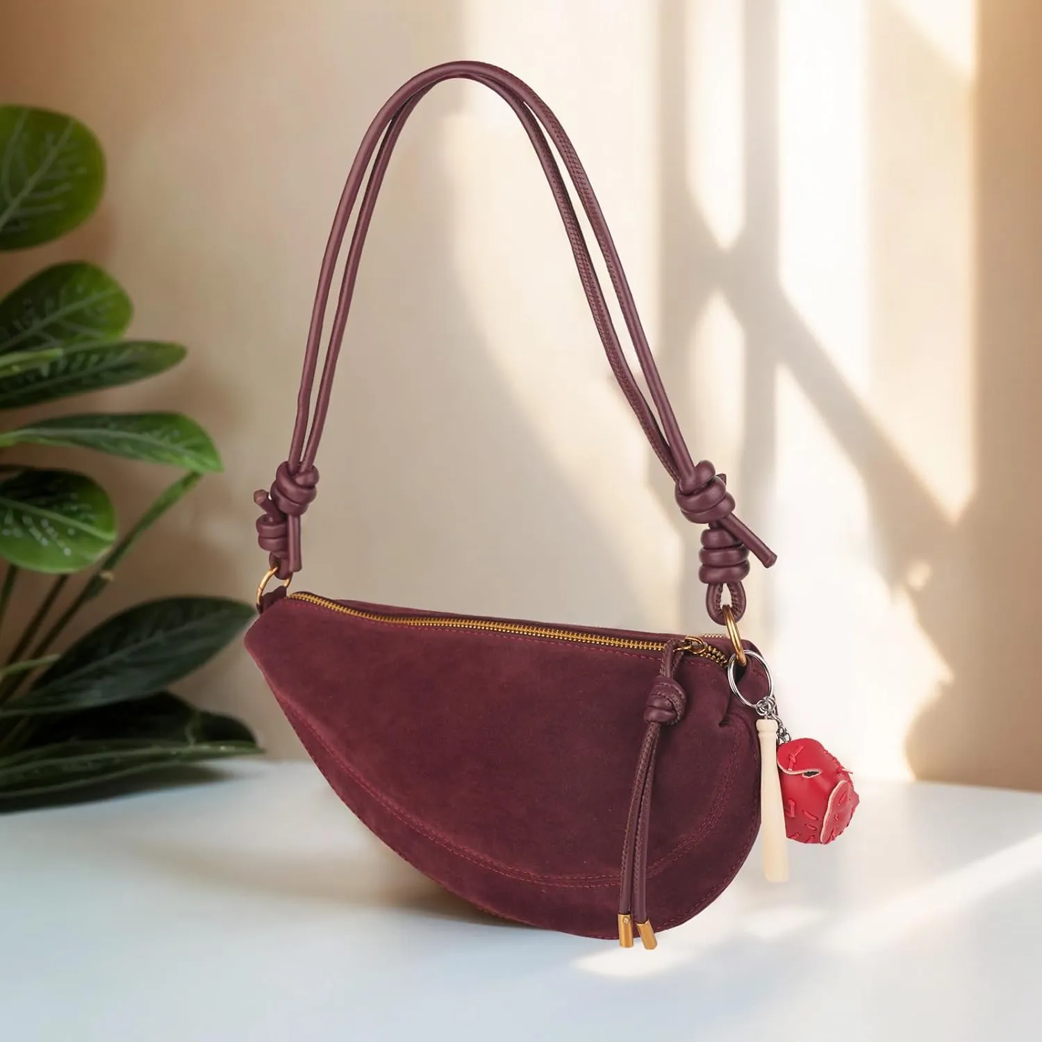 Women's Faux Suede Dumpling Bag Crossbody Shoulder Purse with Cute Baseball Charms